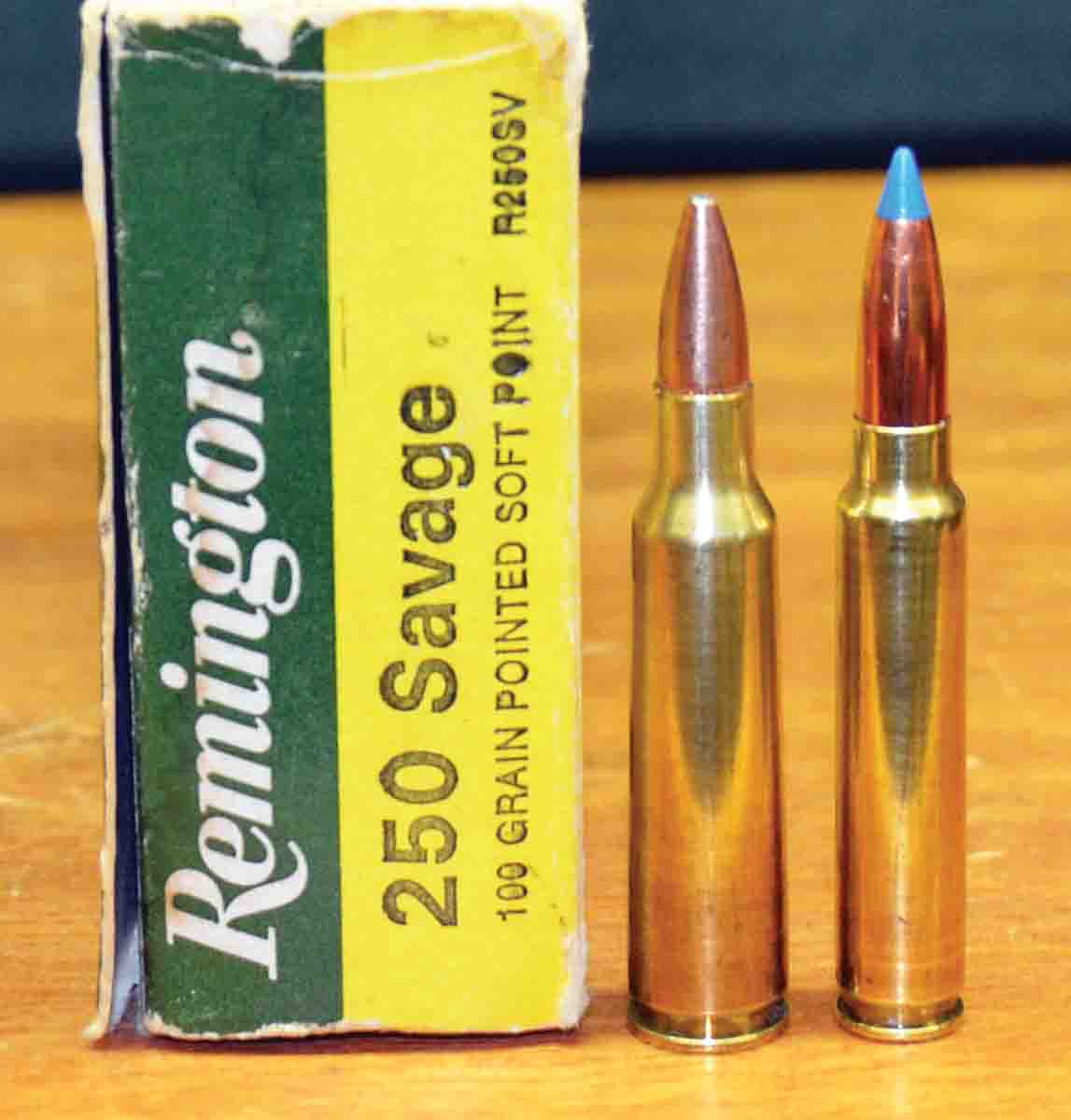 The 257 Kimber has less case capacity than the 250 Savage, but because it is loaded to higher pressures than most 250 Savage factory ammunition, velocities are about the same. Cartridges are the 250 Savage (left) and the 257 Kimber (right).